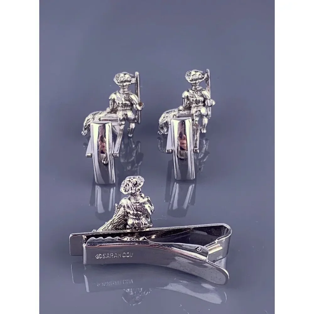Hunter Shepherd Scout Dog Cufflinks Tie Clip Silver Tone Retriever Vintage